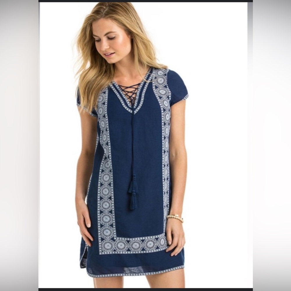 Vineyard Vines Linen Blend Embroidered Lace Up Dress 00